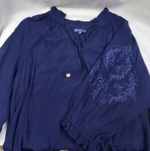 Democracy Women's Navy Pullover Boho Embroidered Ruffle Neck 3/4 Sleeve Top Med